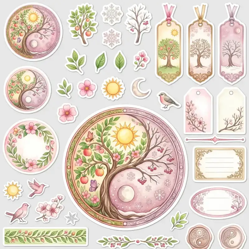 Samolepky Jin Jang Strom života – Journaling kit pro diář, bullet, deník i scrapbooking.