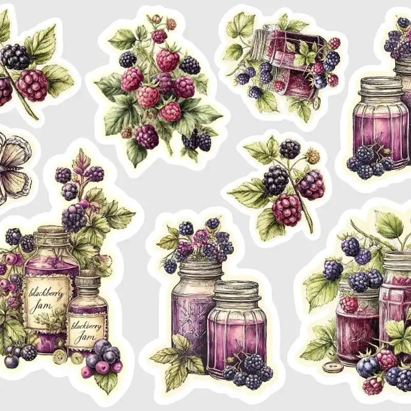 Samolepky se sklenicemi ostružinové marmelády.