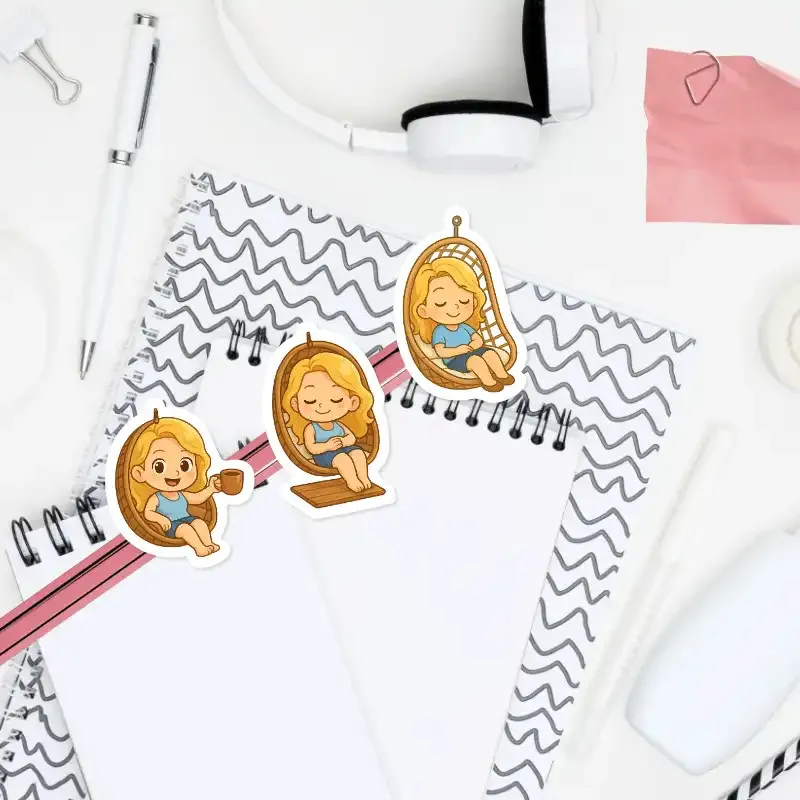 Samolepky blondýnka v proutěném křesle.