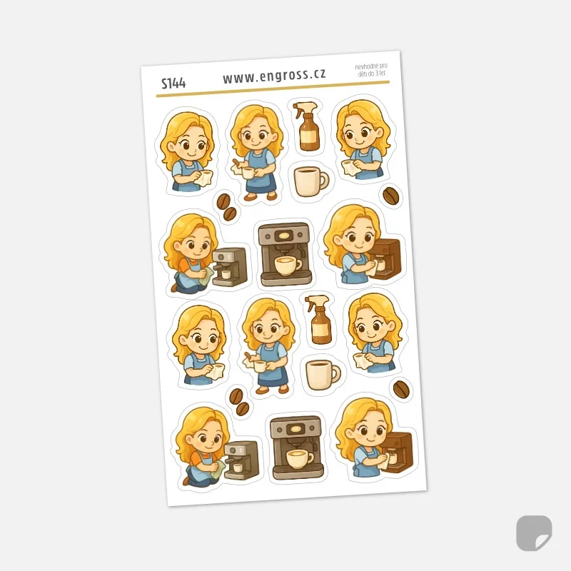 Plánovací samolepky Blondýnka čistí kávovar.