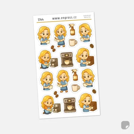 Plánovací samolepky Blondýnka čistí kávovar.