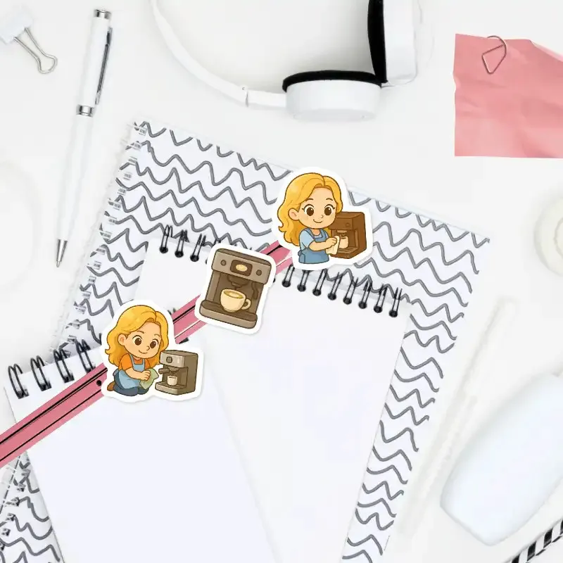 Nálepky do diáře - blondýnka čistí automatický kávovar.