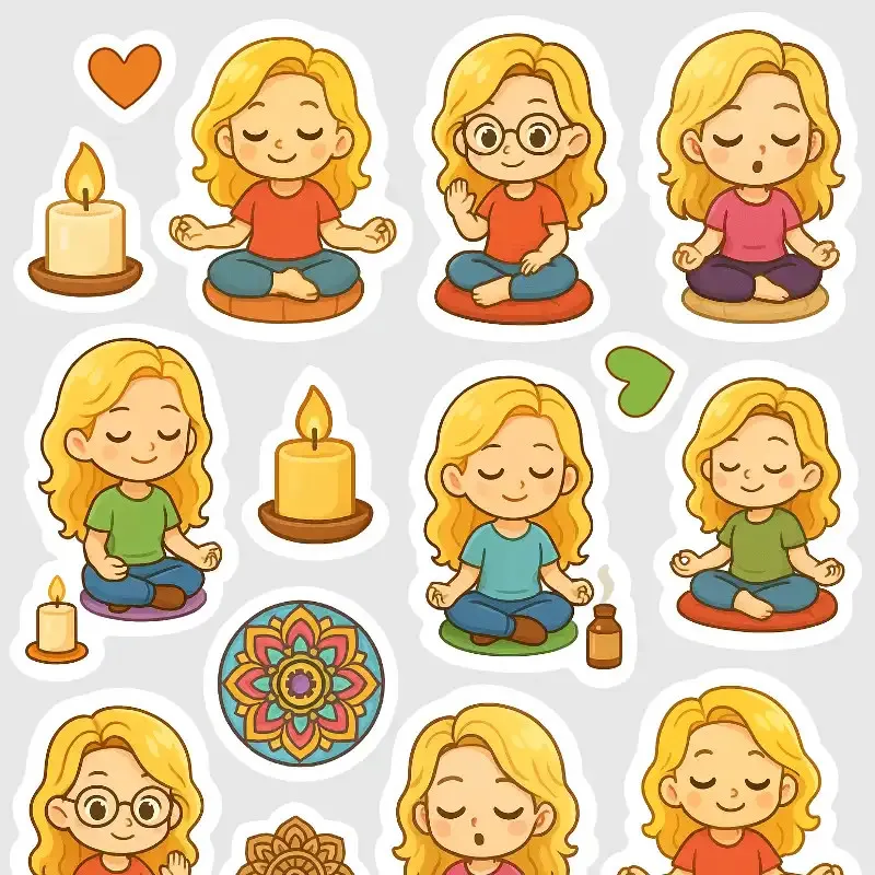 Nálepky do diáře - blondýnka medituje, mandaly, svíčky.