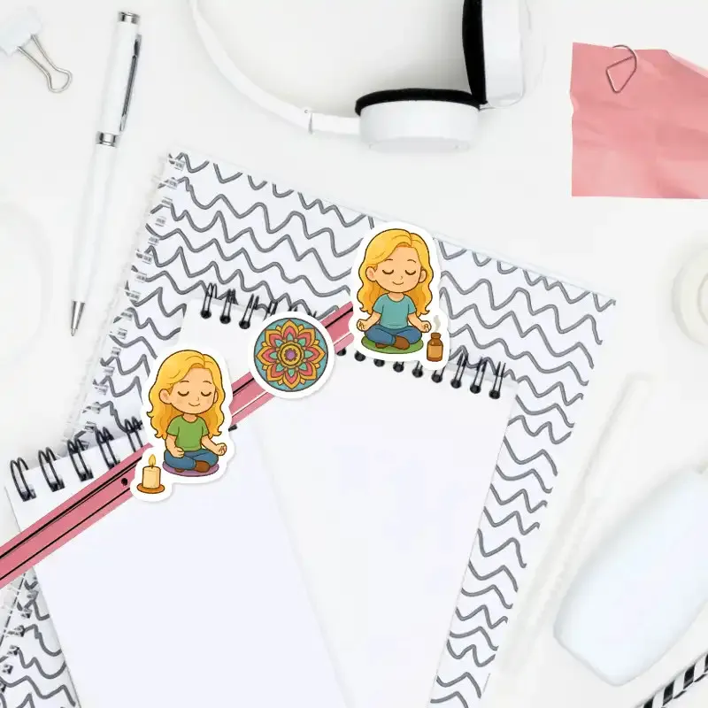 Malé nálepky s meditující blondýnkou se hodí do každého diáře.