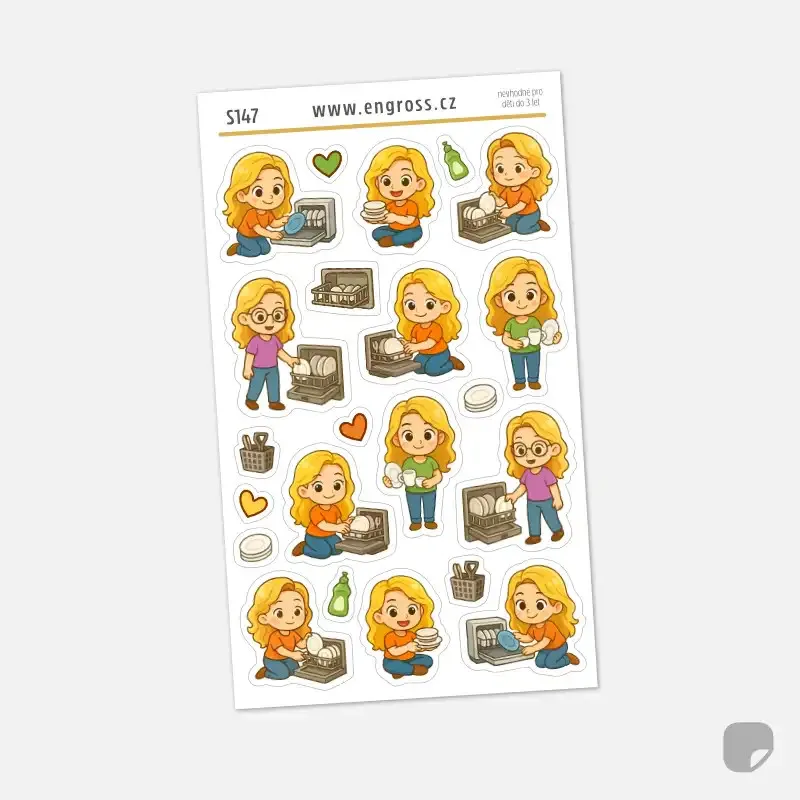 Samolepky do diáře pro pravidelné plnění a vyklízení myčky nádobí.