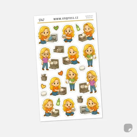 Samolepky do diáře pro pravidelné plnění a vyklízení myčky nádobí.
