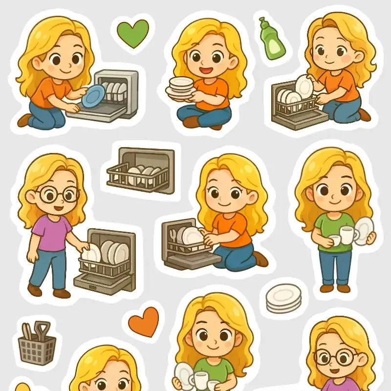 Plánovací samolepky pro denní rutinu - plnění a vyklízení myčky na nádobí.