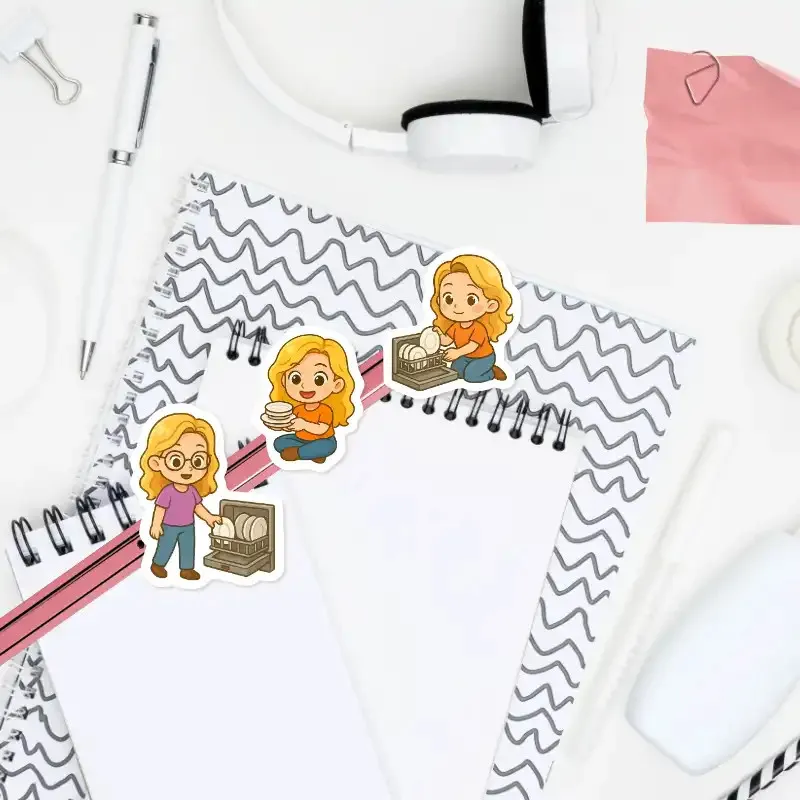 Minisamolepky do diáře na téma Blondýnka a myčka nádobí.