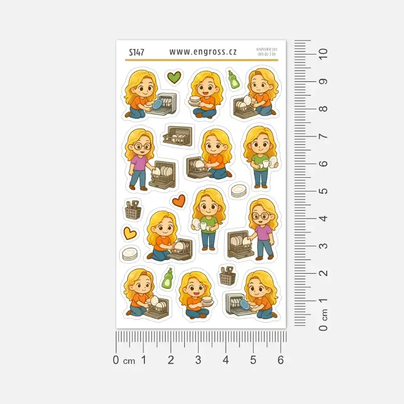 Nálepky do diáře s blondýnkou, která vyklízí myčku na nádobí.