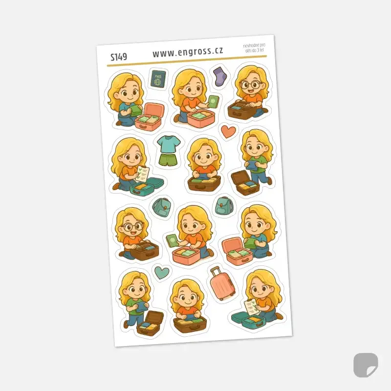 Samolepky do diáře - blondýnka balí na dovolenou.
