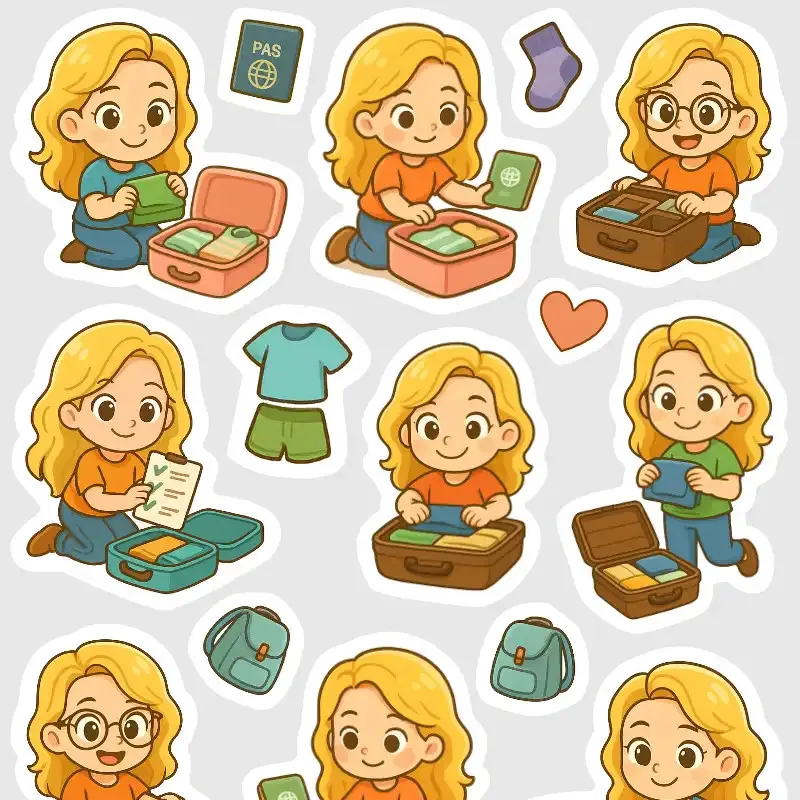 Nálepky pro plánování do diáře - blondýnka balí na dovolenou.