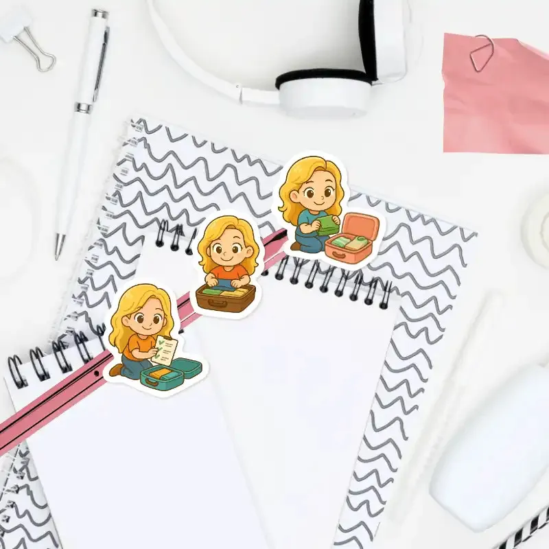 Nálepky pro plánování - blondýnka balí na dovolenou.