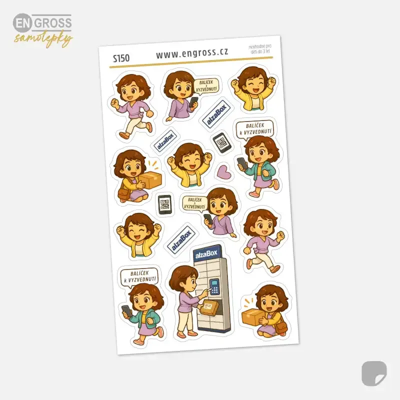 Malé nálepky do diáře s brunetkou a vyzvednutím balíčku v AlzaBoxu.