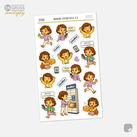 Malé nálepky do diáře s brunetkou a vyzvednutím balíčku v AlzaBoxu.