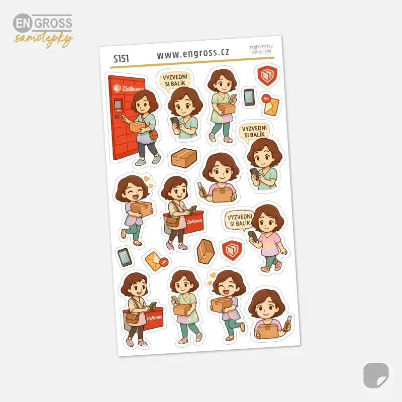Samolepky Brunetka si vyzvedává balíček na Zásilkovně.