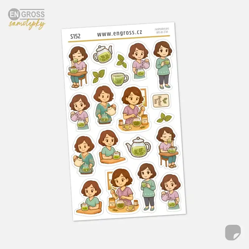 Samolepky pro plánování Brunetka a bylinkový čaj.