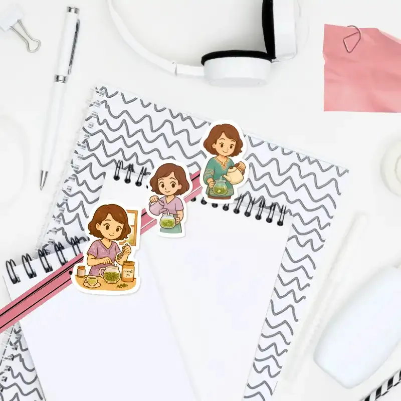 Samolepky do diáře - Brunetka připravuje a pije bylinkový čaj.