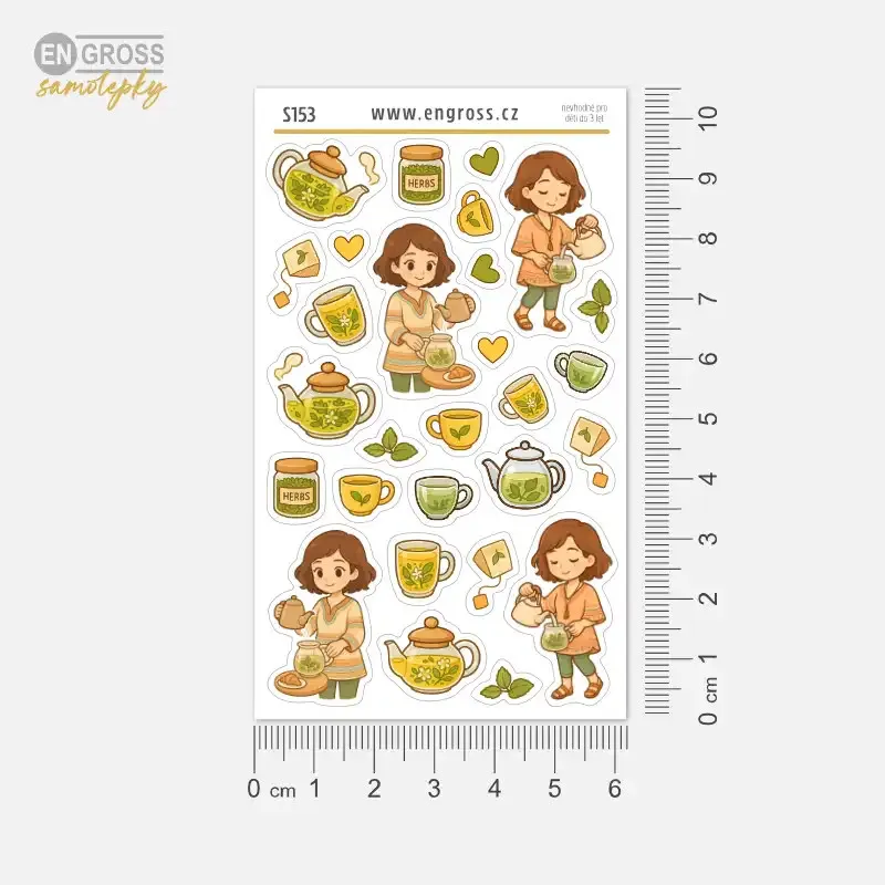 Nálepky do diáře s kreslenou brunetkou, jak připravuje bylinkový čaj.