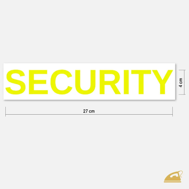 Nápis SECURITY - nažehlovačka na záda v neonově žluté barvě.