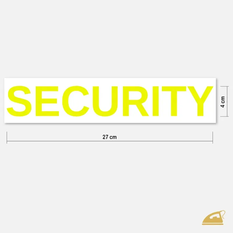 Nápis SECURITY - nažehlovačka na záda v neonově žluté barvě.
