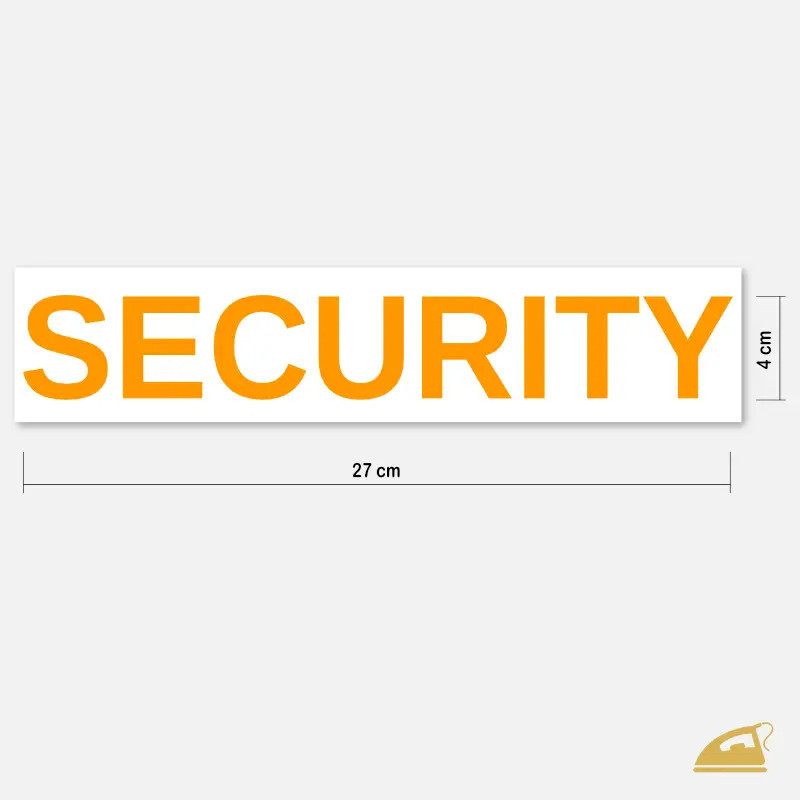 Nápis SECURITY - nažehlovačka na záda v neonově oranžové barvě.
