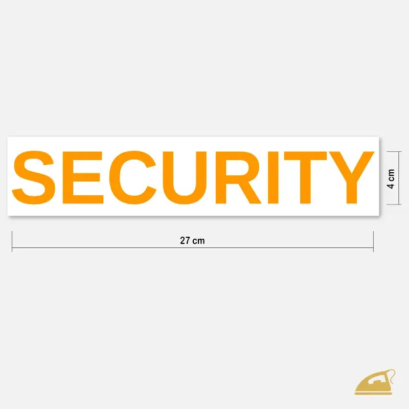 Nápis SECURITY - nažehlovačka na záda v neonově oranžové barvě.