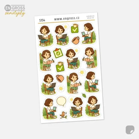 Malé samolepky do diáře s Brunetkou - podnikatelkou, která pracuje on-line ze své zahrady.