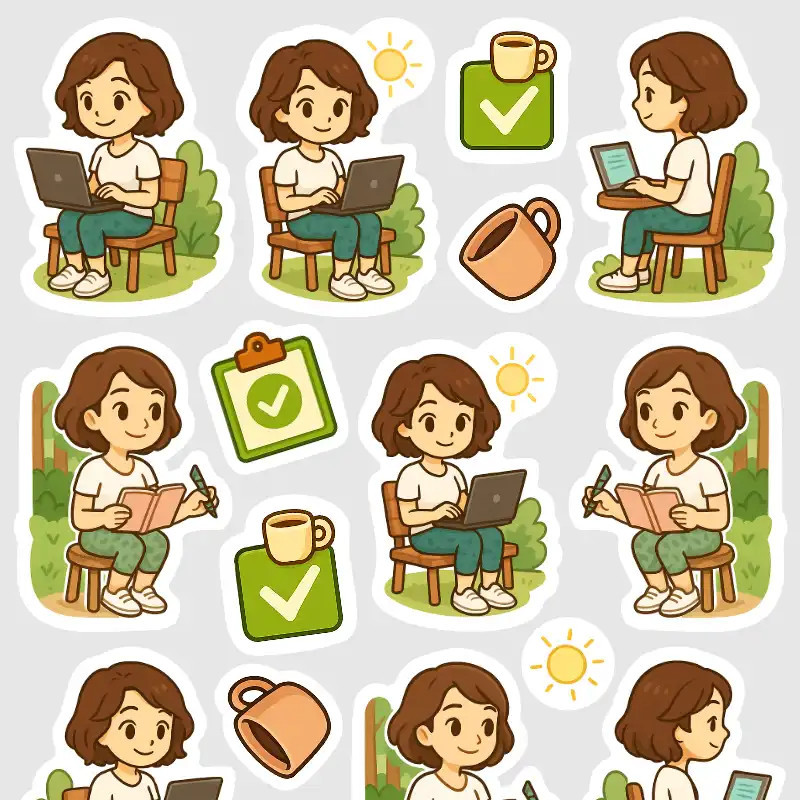 Mini nálepky do diáře s Brunetkou - podnikatelkou, která pracuje on-line ze své zahrady nebo z parku.