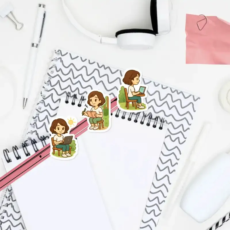 Mini nálepky do diáře s Brunetkou, která ráda pracuje venku.