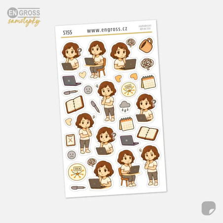 Mini samolepky do diáře s Brunetkou, která usilovně hledá řešení problému.