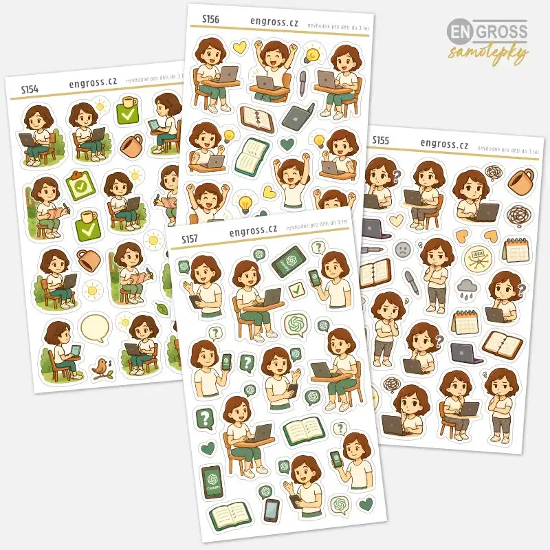 Sada archů malých samolepek do diáře s Brunetkou - podnikatelkou.