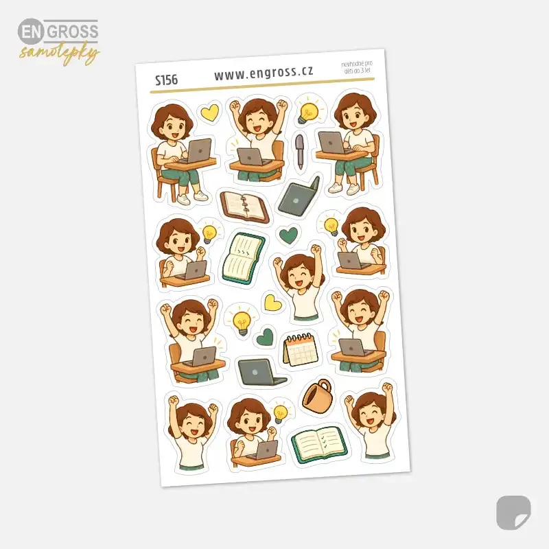 Malé plánovací samolepky s Brunekou, které se raduje, že vyřešila problém.