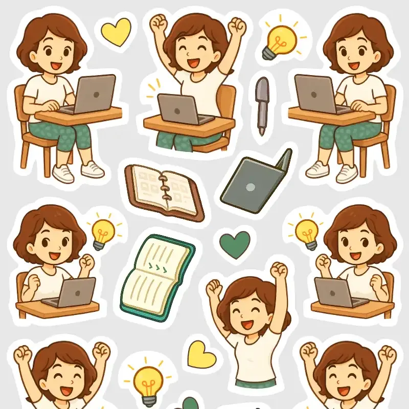 Mini samolepky do diáře s Brunekou, které se raduje, že vyřešila problém