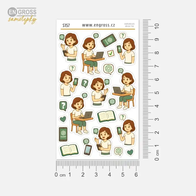 Jak v diáři označit práci s ChatGPT - samolepky s Brunetkou, která se ptá ChatGPT na otázky.