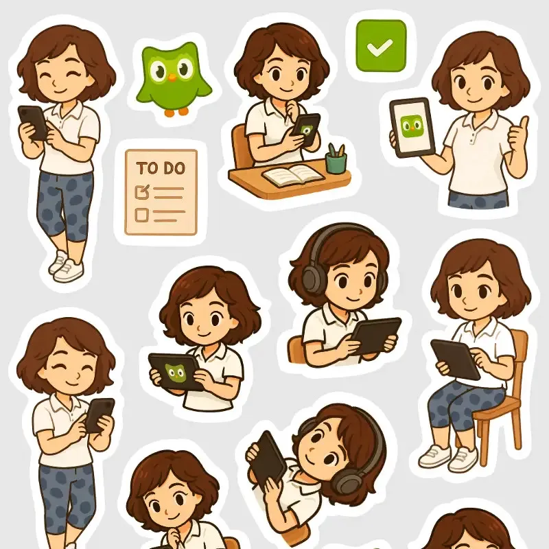Malé samolepky do diáře - Brunetka se učí jazyky s aplikací Duolingo.