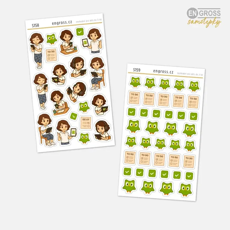 Samolepky do diáře - Brunetka se učí jazyky s aplikací Duolingo - malé ikonky.