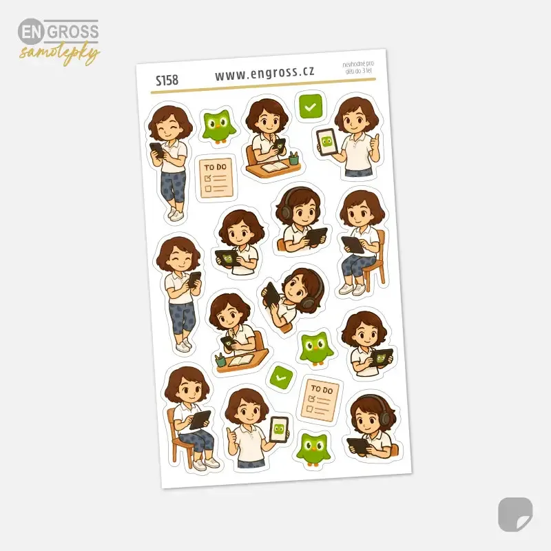 Samolepky do diáře - Brunetka se učí jazyky s aplikací Duolingo.