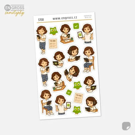 Samolepky do diáře - Brunetka se učí jazyky s aplikací Duolingo.