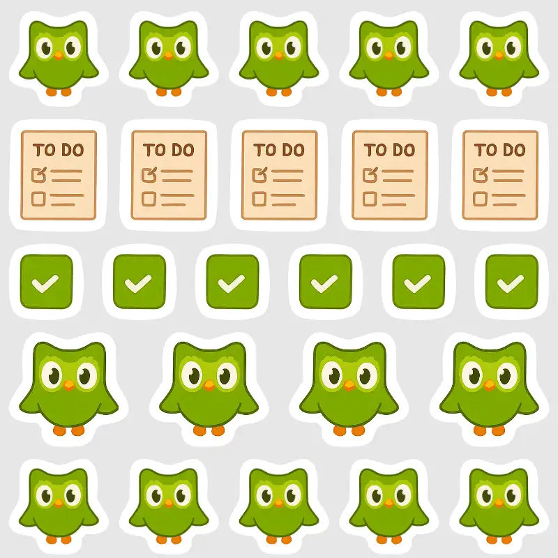 Malé samolepky do diáře - ikonky k učení jazyků s aplikací Duolingo.