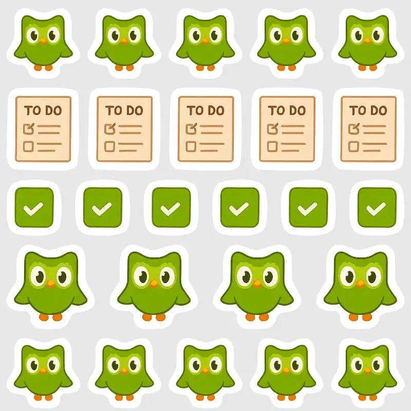 Malé samolepky do diáře - ikonky k učení jazyků s aplikací Duolingo.