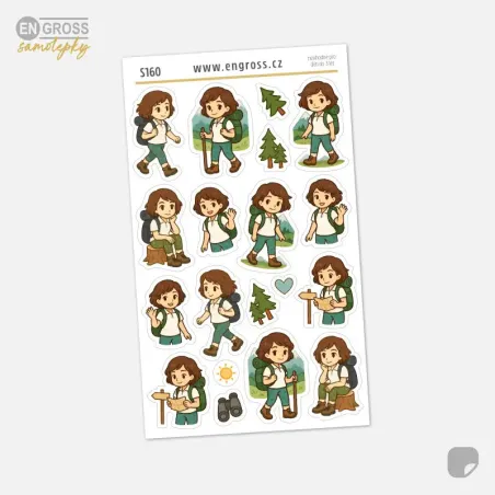 Samolepky pro plánování i radost - Brunetka na túře lesem a na horách.