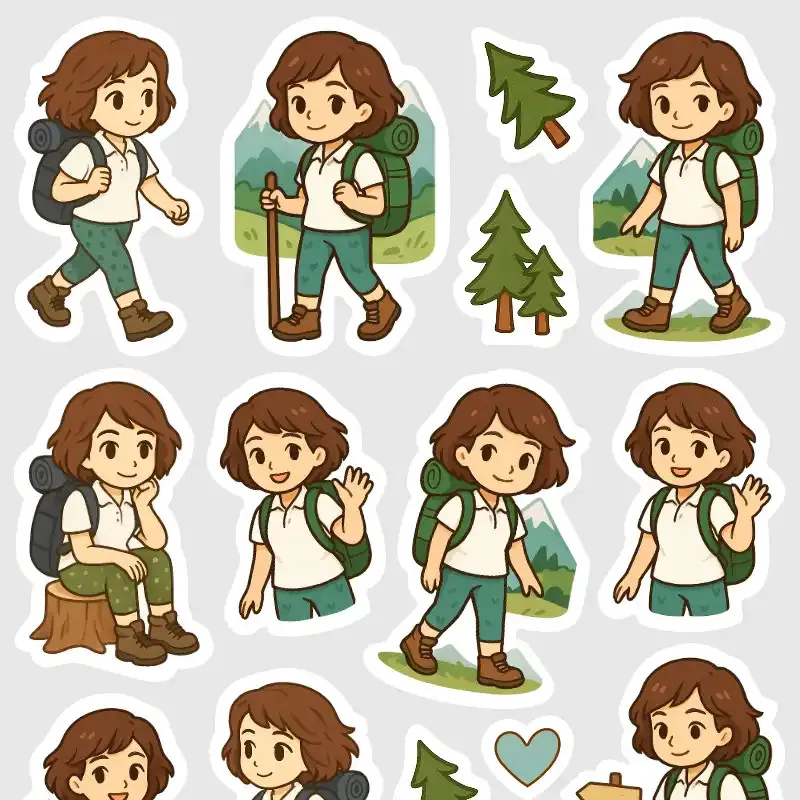 Malé praktické samolepky do diáře s Brunetkou na výletě přírodou.