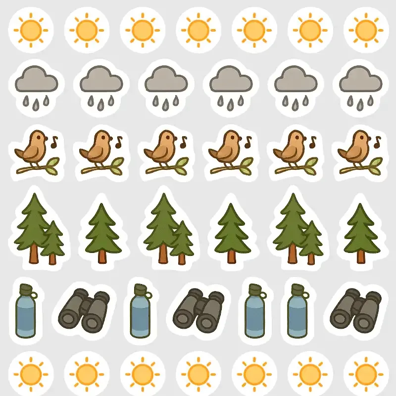 Malé nálepky pro plánování - les, sluníčko, déšť, zpěv ptáků, láhev na vodu, dalekohled.