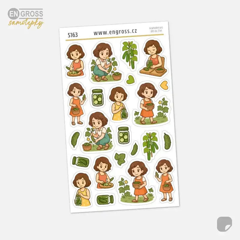 Malé samolepky do diáře s Brunetkou, jak pěstuje a zavařuje okurky.