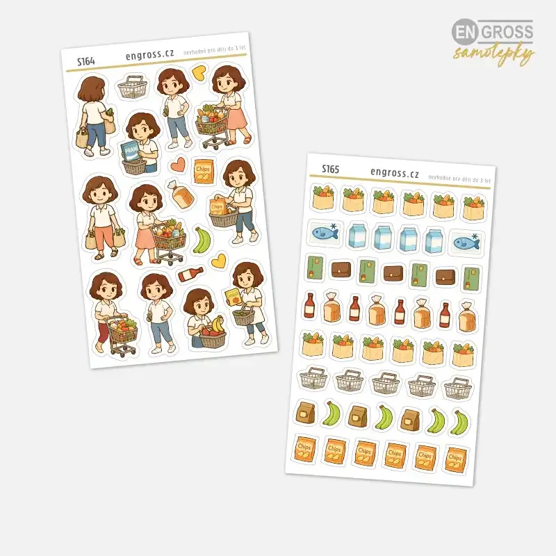 Sada malých plánovacích samolepek s tématem nakupování.