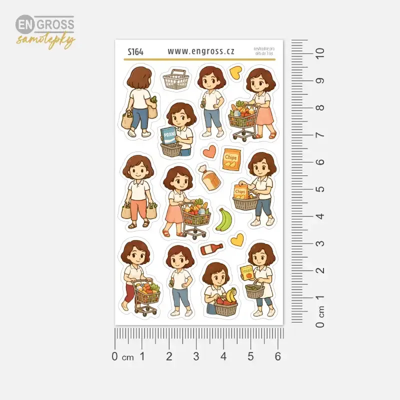 Malé nálepky do diáře s veselou postavičkou brunetky jak nakupuje.