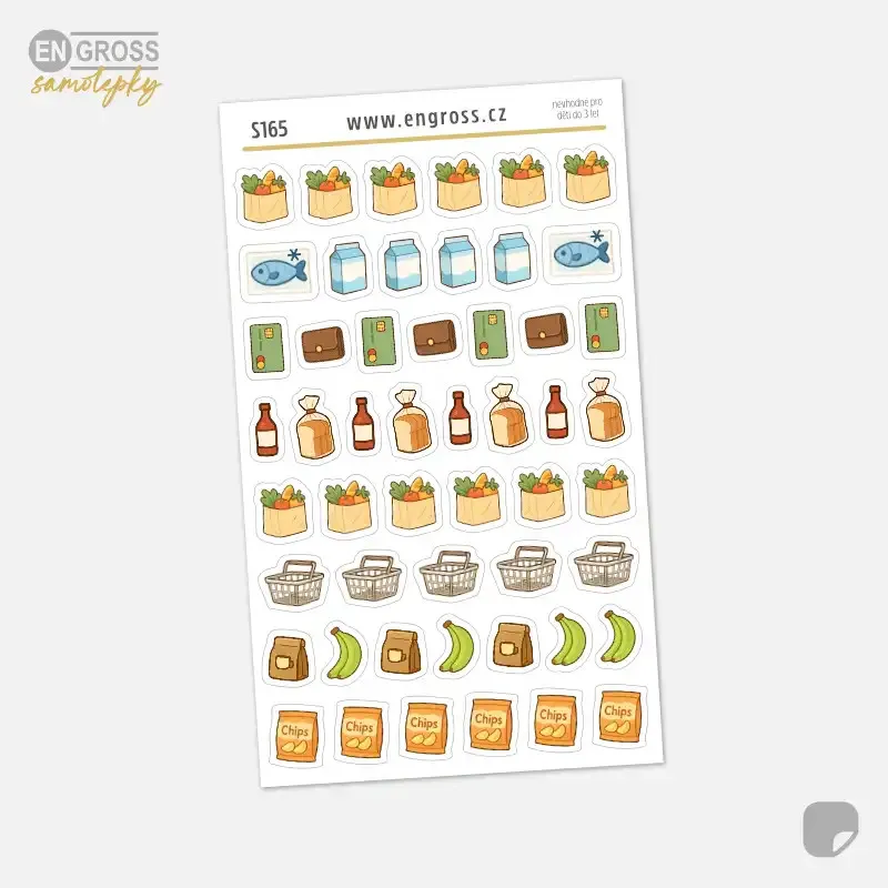 Malé samolepky ikonky potravin, nákupního košíku a placení.