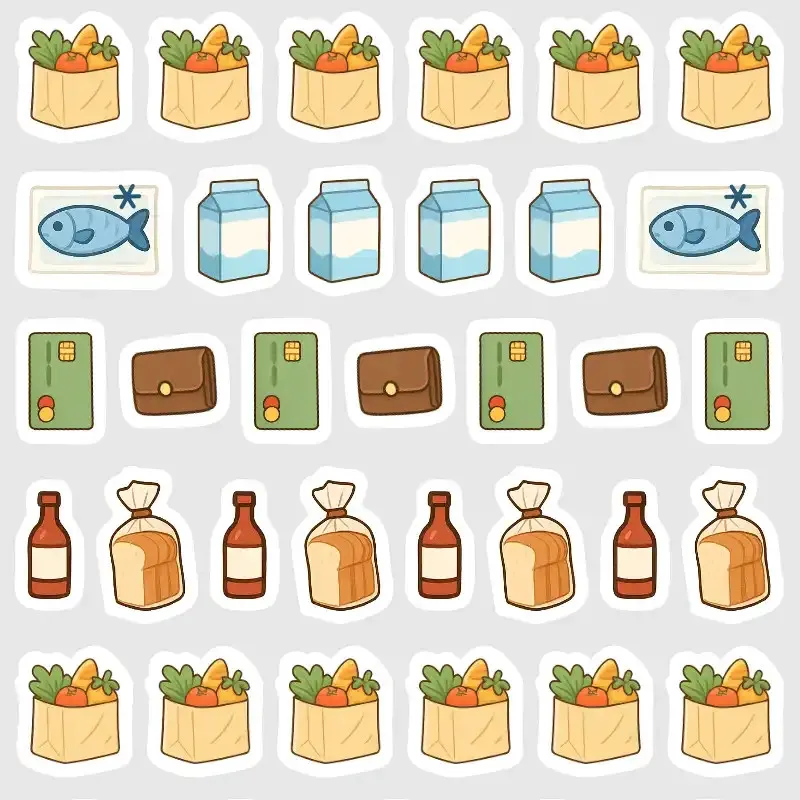 Samolepící mini ikonky do diáře s tématem nakupování.