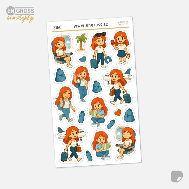 Samolepky do diáře s postavičkou zrzky, která letí na dovolenou.