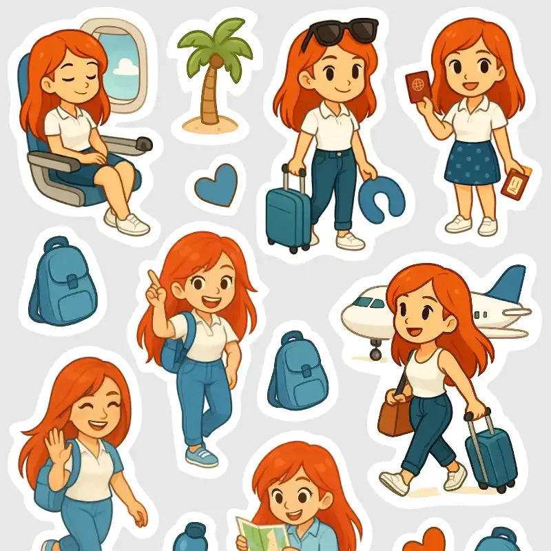 Samolepky do diáře s postavičkou zrzky, která cestuje na dovolenou letadlem.